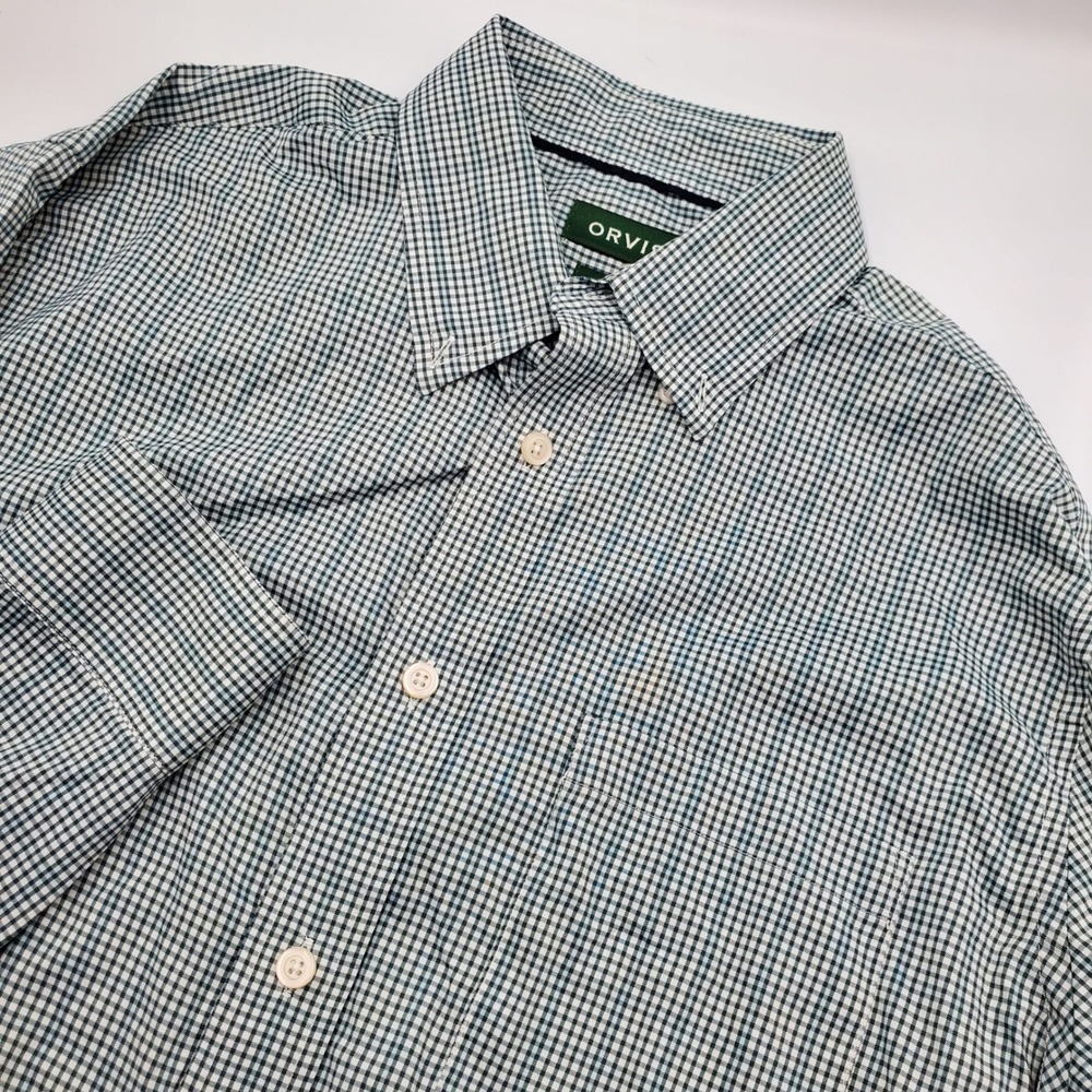 Orvis Mens Active Fit Gingham Button Down Shirt Green White Stretch Large